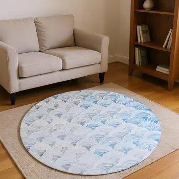 8' Blue Ivory And Gray Geometric Washable Round Rug With UV Protection