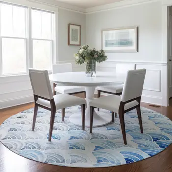 8' Blue Ivory And Gray Geometric Washable Round Rug With UV Protection