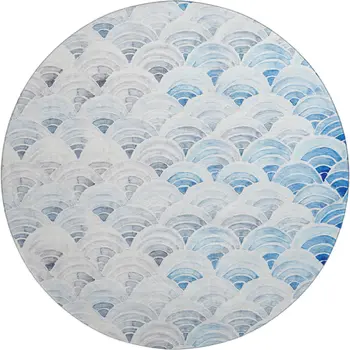 8' Blue Ivory And Gray Geometric Washable Round Rug With UV Protection