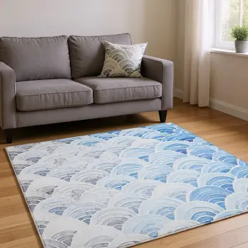 9' X 12' Blue Ivory And Gray Geometric Washable Area Rug With UV Protection