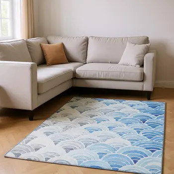 10' X 14' Blue Ivory And Gray Geometric Washable Area Rug With UV Protection