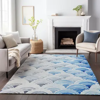 10' X 14' Blue Ivory And Gray Geometric Washable Area Rug With UV Protection