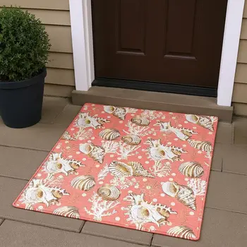 3' X 5' Peach Ivory And Beige Geometric Washable Area Rug With UV Protection