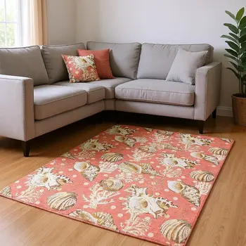 5' X 8' Peach Ivory And Beige Geometric Washable Area Rug With UV Protection