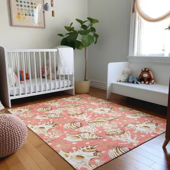 5' X 8' Peach Ivory And Beige Geometric Washable Area Rug With UV Protection