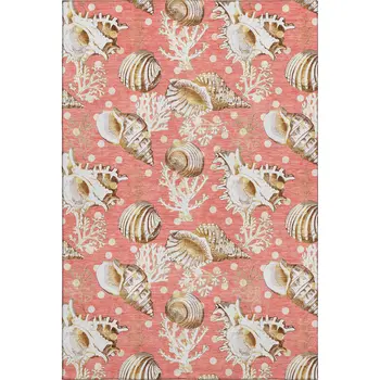 5' X 8' Peach Ivory And Beige Geometric Washable Area Rug With UV Protection