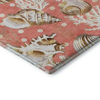 5' X 8' Peach Ivory And Beige Geometric Washable Area Rug With UV Protection