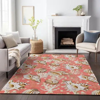 5' X 8' Peach Ivory And Beige Geometric Washable Area Rug With UV Protection