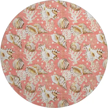 8' Peach Ivory And Beige Geometric Washable Round Rug With UV Protection