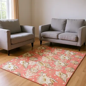 10' X 14' Peach Ivory And Beige Geometric Washable Area Rug With UV Protection