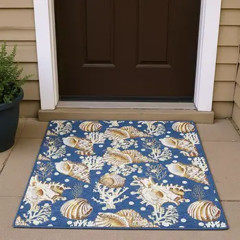 3' X 5' Blue Ivory And Beige Geometric Washable Area Rug With UV Protection