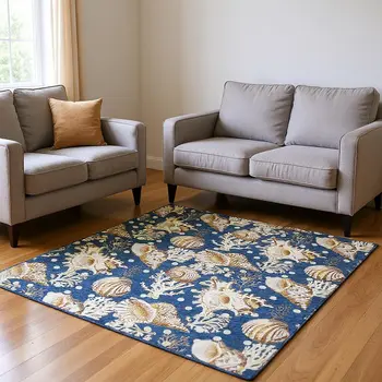 5' X 8' Blue Ivory And Beige Geometric Washable Area Rug With UV Protection
