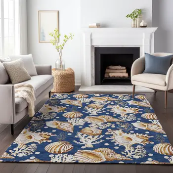 5' X 8' Blue Ivory And Beige Geometric Washable Area Rug With UV Protection