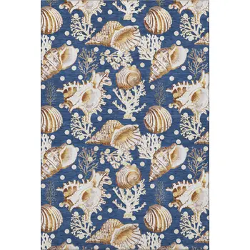5' X 8' Blue Ivory And Beige Geometric Washable Area Rug With UV Protection