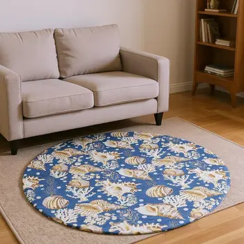 8' Blue Ivory And Beige Geometric Washable Round Rug With UV Protection