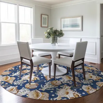 8' Blue Ivory And Beige Geometric Washable Round Rug With UV Protection