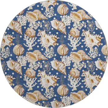 8' Blue Ivory And Beige Geometric Washable Round Rug With UV Protection