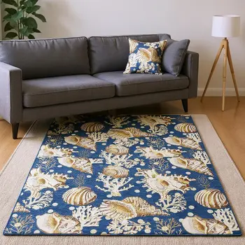 8' X 10' Blue Ivory And Beige Geometric Washable Area Rug With UV Protection