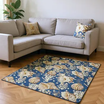 9' X 12' Blue Ivory And Beige Geometric Washable Area Rug With UV Protection