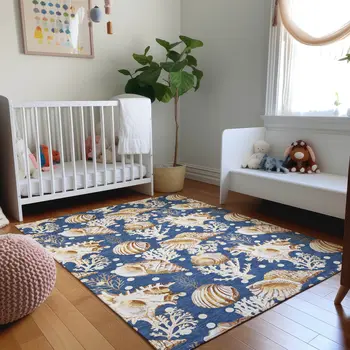 9' X 12' Blue Ivory And Beige Geometric Washable Area Rug With UV Protection