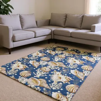 10' X 14' Blue Ivory And Beige Geometric Washable Area Rug With UV Protection