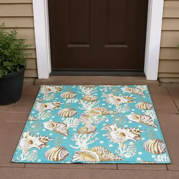 3' X 5' Aqua Ivory And Beige Geometric Washable Area Rug With UV Protection