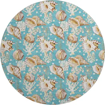 8' Aqua Ivory And Beige Geometric Washable Round Rug With UV Protection