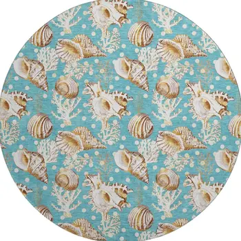 8' Aqua Ivory And Beige Geometric Washable Round Rug With UV Protection