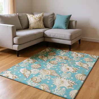8' X 10' Aqua Ivory And Beige Geometric Washable Area Rug With UV Protection