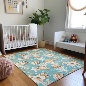 8' X 10' Aqua Ivory And Beige Geometric Washable Area Rug With UV Protection