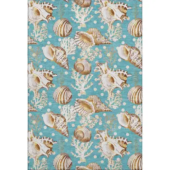 8' X 10' Aqua Ivory And Beige Geometric Washable Area Rug With UV Protection