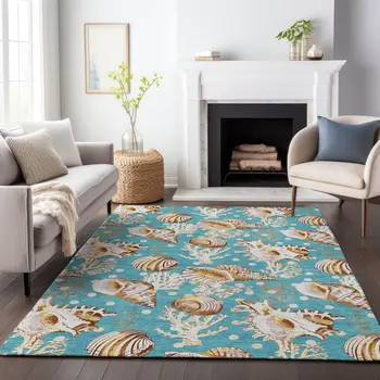 8' X 10' Aqua Ivory And Beige Geometric Washable Area Rug With UV Protection