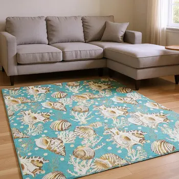 9' X 12' Aqua Ivory And Beige Geometric Washable Area Rug With UV Protection