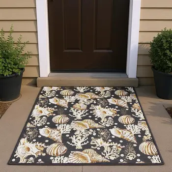 3' X 5' Midnight Ivory And Beige Geometric Washable Area Rug With UV Protection