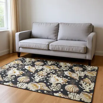 5' X 8' Midnight Ivory And Beige Geometric Washable Area Rug With UV Protection
