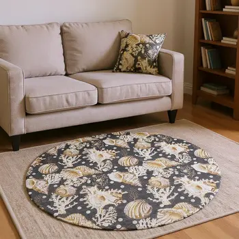 8' Midnight Ivory And Beige Geometric Washable Round Rug With UV Protection