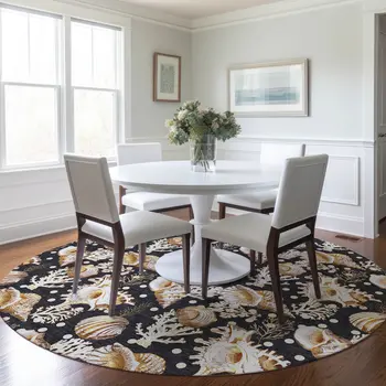 8' Midnight Ivory And Beige Geometric Washable Round Rug With UV Protection