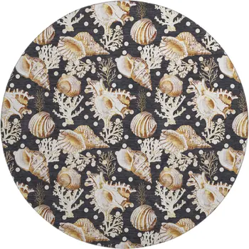 8' Midnight Ivory And Beige Geometric Washable Round Rug With UV Protection