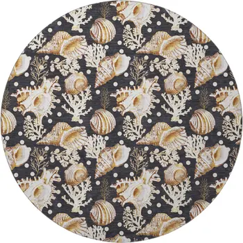8' Midnight Ivory And Beige Geometric Washable Round Rug With UV Protection