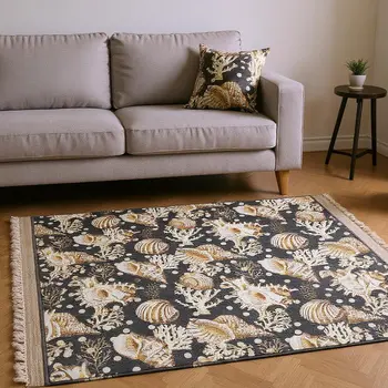 8' X 10' Midnight Ivory And Beige Geometric Washable Area Rug With UV Protection