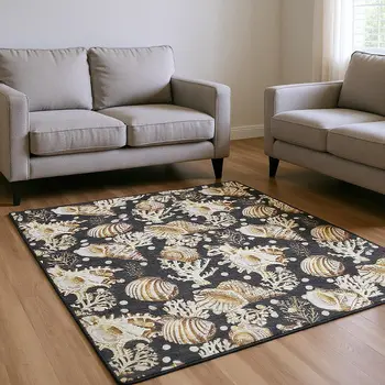 9' X 12' Midnight Ivory And Beige Geometric Washable Area Rug With UV Protection