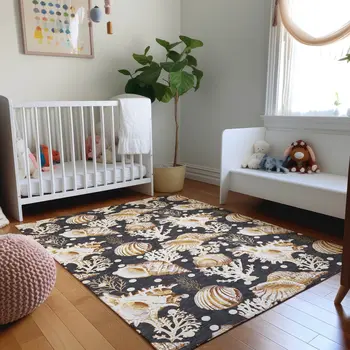 9' X 12' Midnight Ivory And Beige Geometric Washable Area Rug With UV Protection
