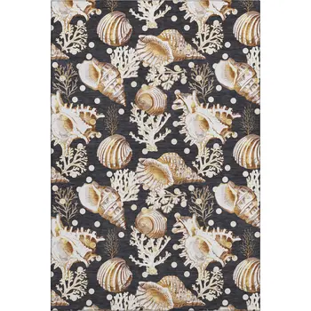 9' X 12' Midnight Ivory And Beige Geometric Washable Area Rug With UV Protection