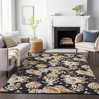 9' X 12' Midnight Ivory And Beige Geometric Washable Area Rug With UV Protection