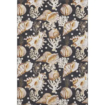 9' X 12' Midnight Ivory And Beige Geometric Washable Area Rug With UV Protection