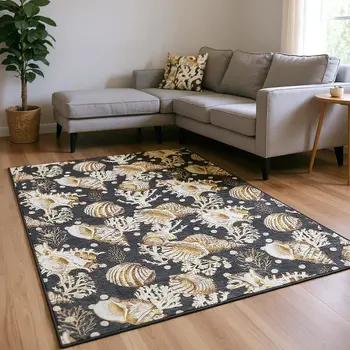 10' X 14' Midnight Ivory And Beige Geometric Washable Area Rug With UV Protection