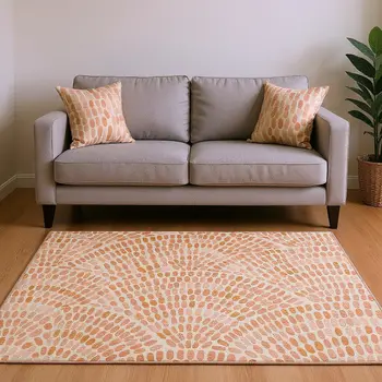 5' X 8' Peach And Ivory Geometric Washable Area Rug With UV Protection