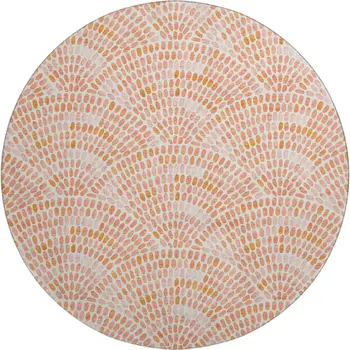8' Peach And Ivory Geometric Washable Round Rug With UV Protection