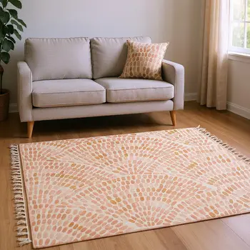 9' X 12' Peach And Ivory Geometric Washable Area Rug With UV Protection