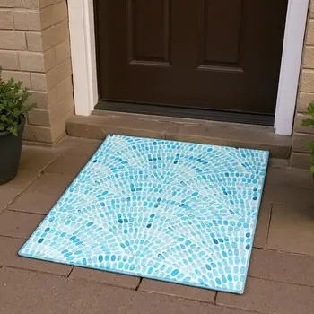3' X 5' Aqua And Ivory Geometric Washable Area Rug With UV Protection